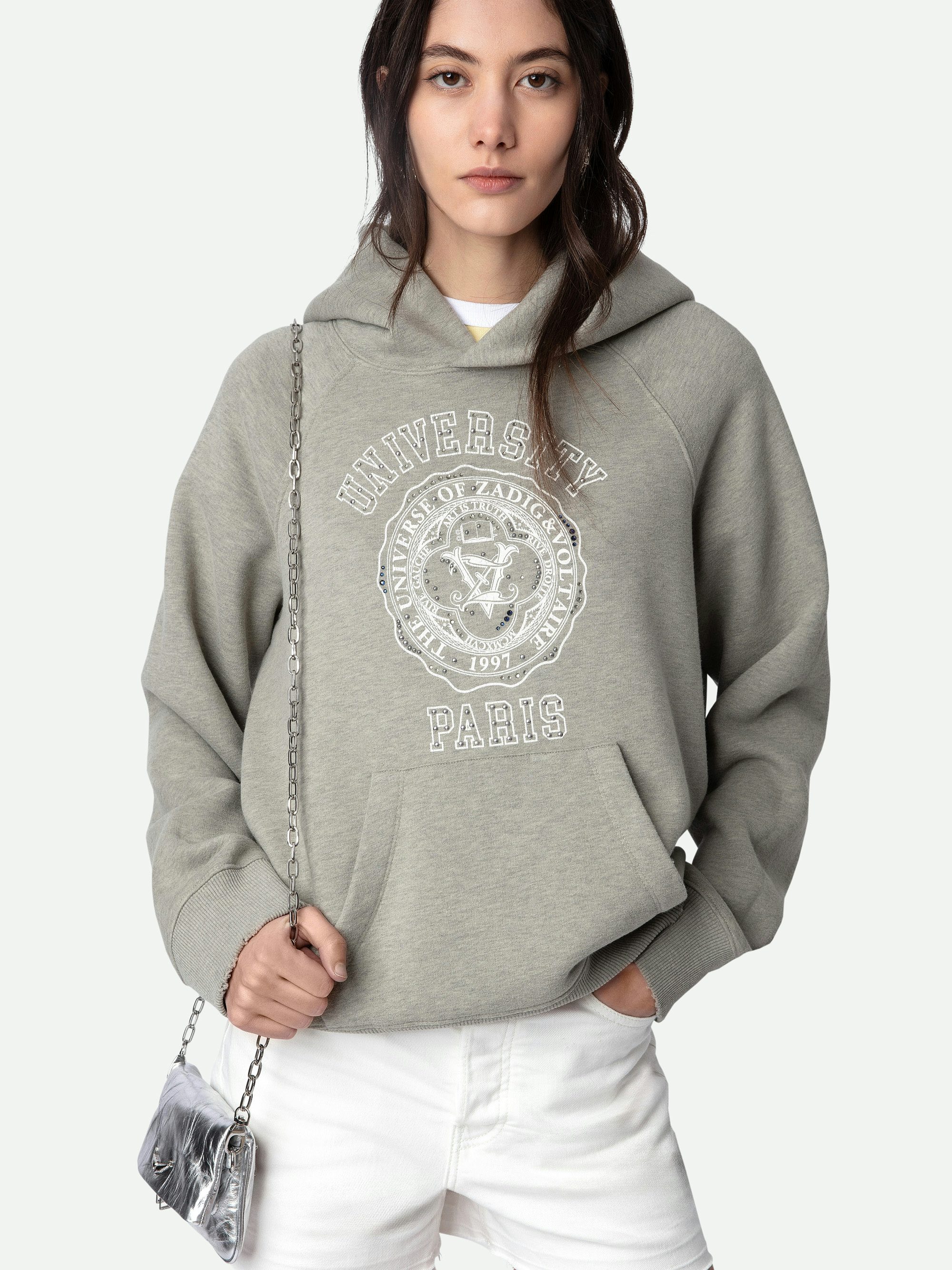 Sudadera Georgy - Sudadera con capucha en color gris con motivo universitario y strass.